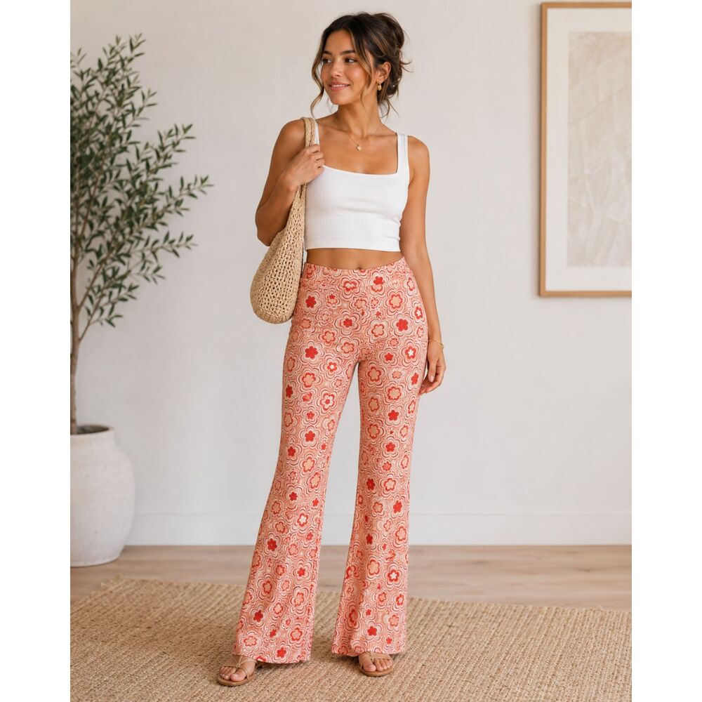 Retro Groovy Floral Flare Pants Pink Mod Y2K Hippie Coastal Disco Medium